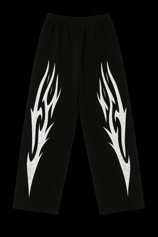 White Inferno Baggy Pants – Cracked Flame Oversized Trousers