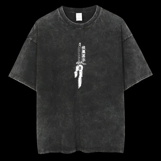 T-Ji Vertical Print Oversized Vintage T-Shirt – Black