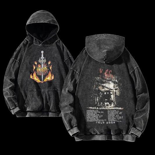 Flaming Katana Oversized Hoodie – Crimson Blade