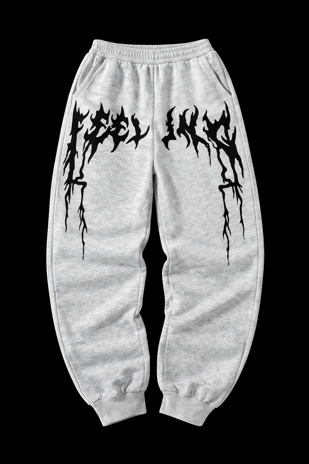 Gray sweatpants with black text design on a black background