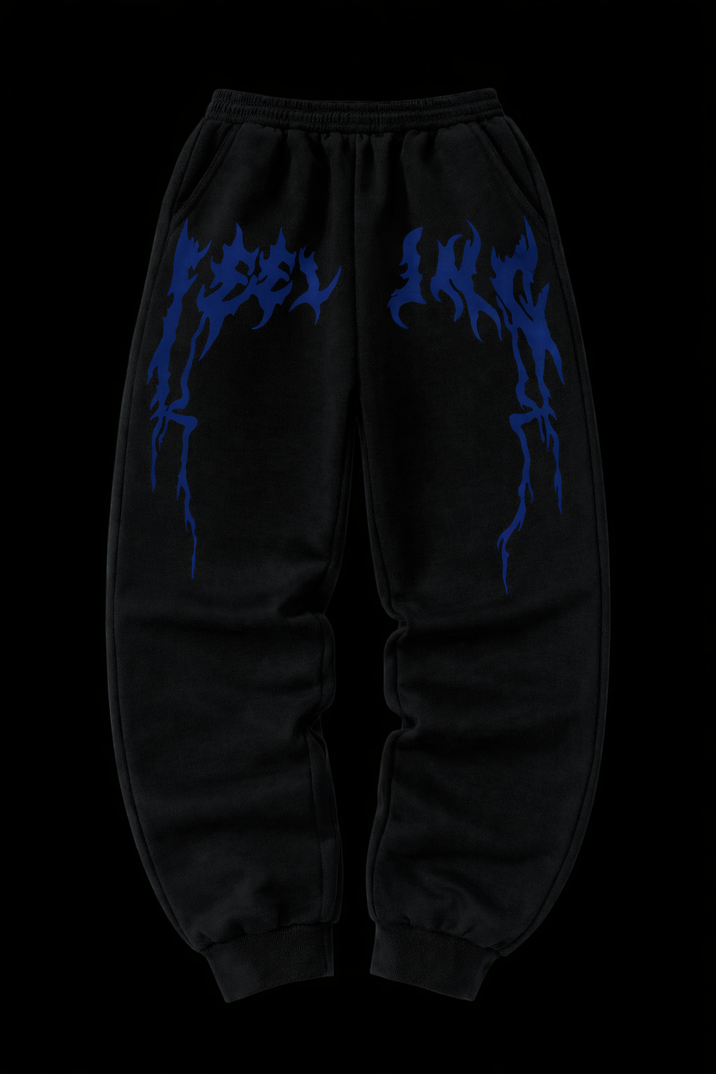 Black sweatpants with blue text design on a transparent background