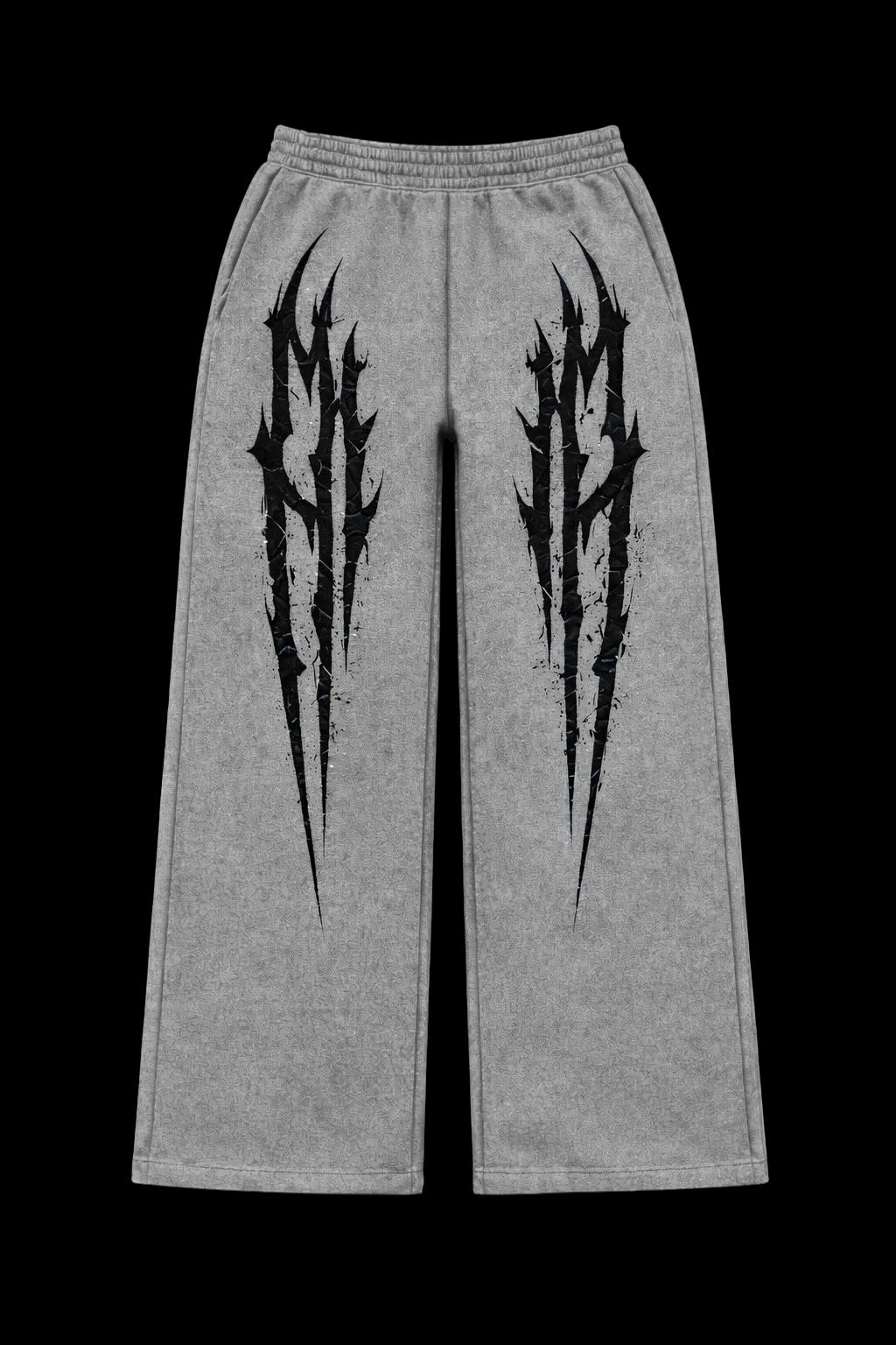 Gray sweatpants with black tribal designs on a black background