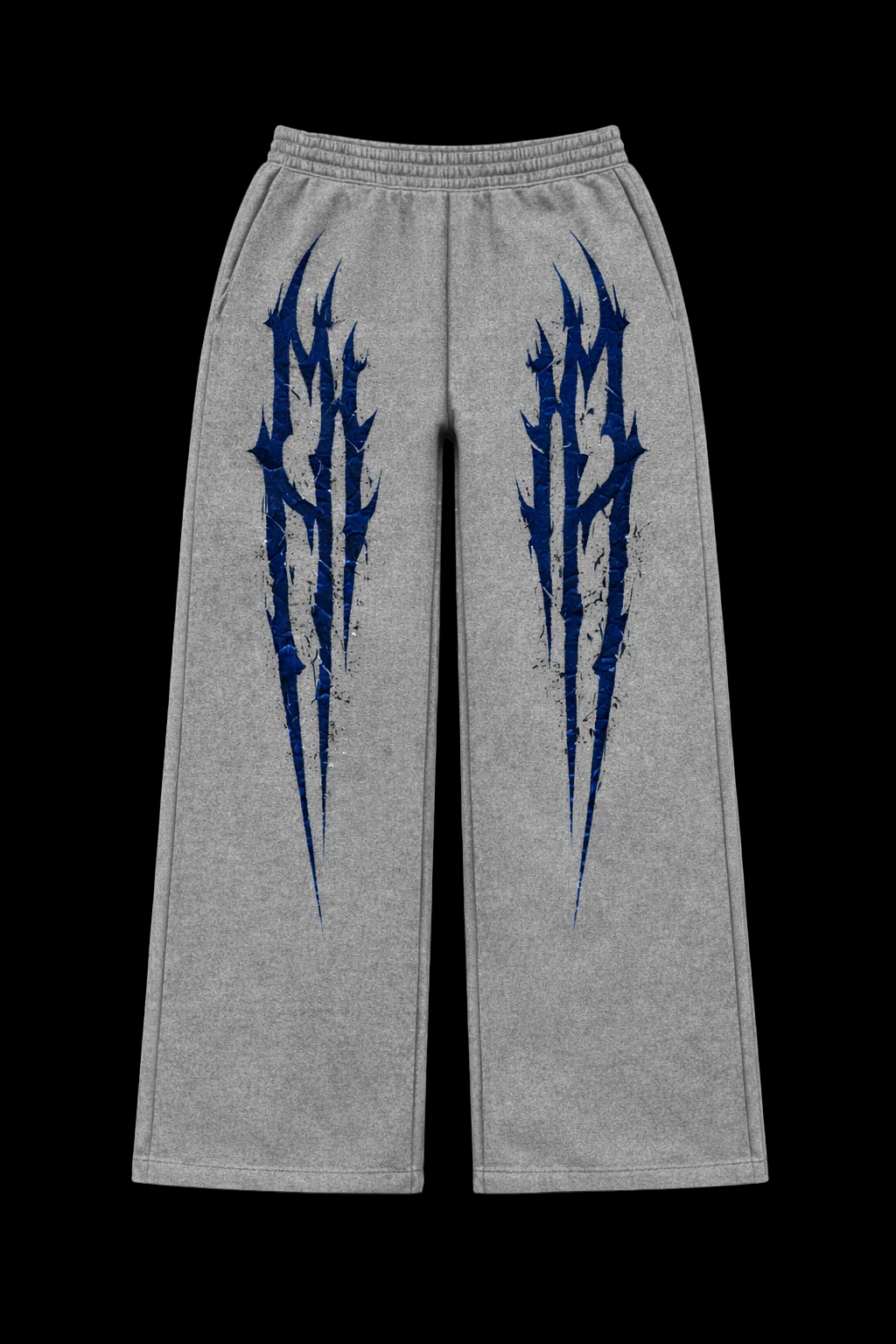 Gray sweatpants with blue tribal designs on a black background