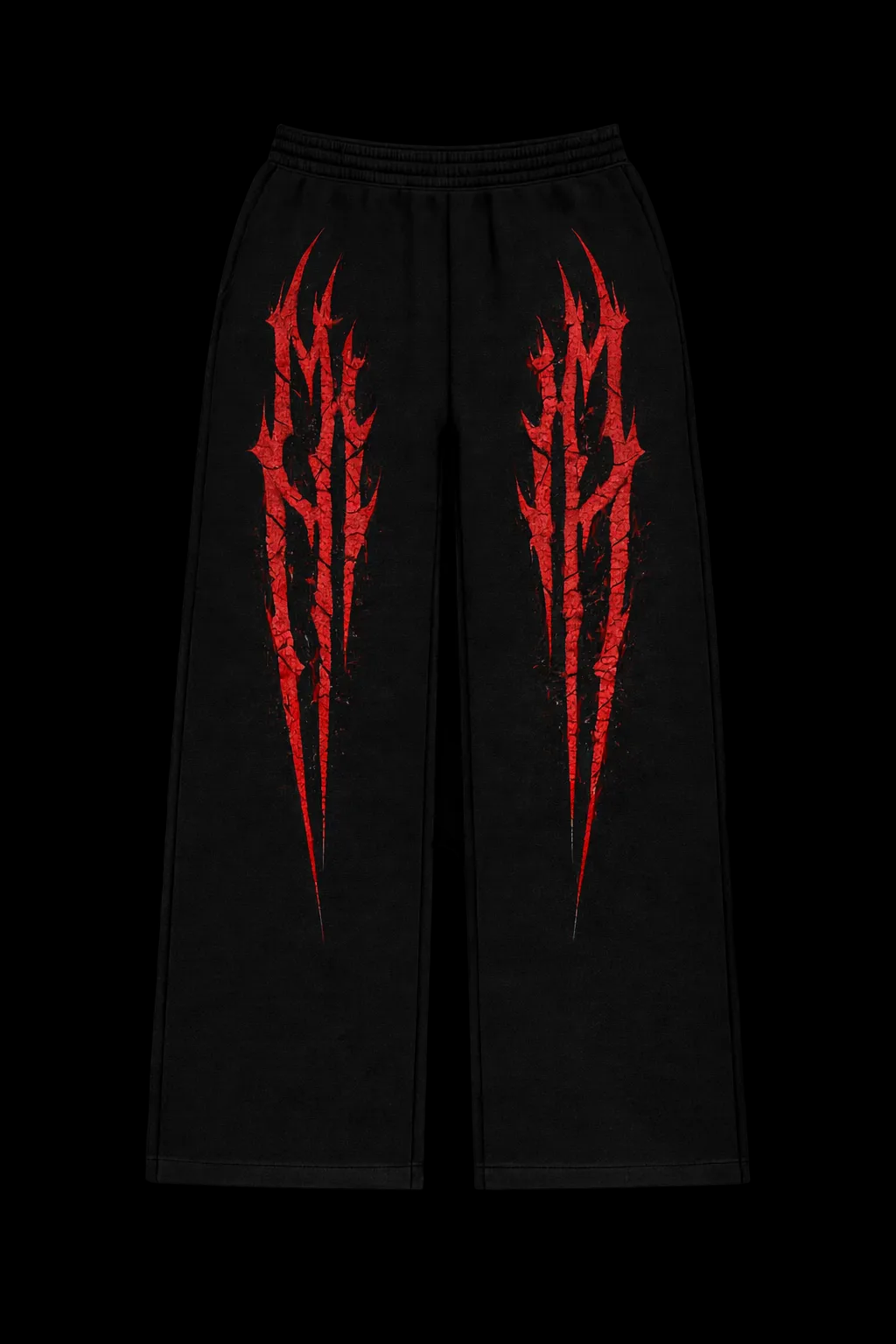 Black pants with red tribal designs on a black background