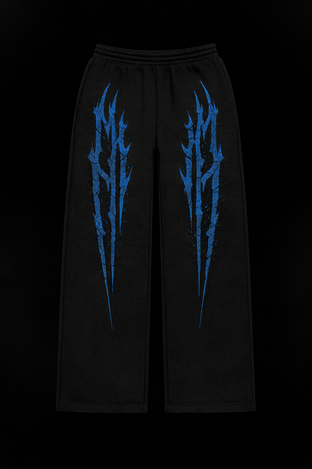 Black pants with blue designs on a black background