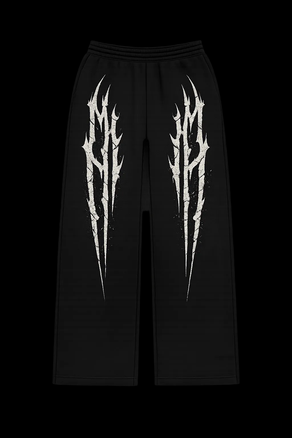 Black pants with white claw marks design on a white background