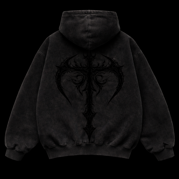Shadow Cross Vintage Hoodie | Black Minimal Gothic Hoodie – MAZENTIH
