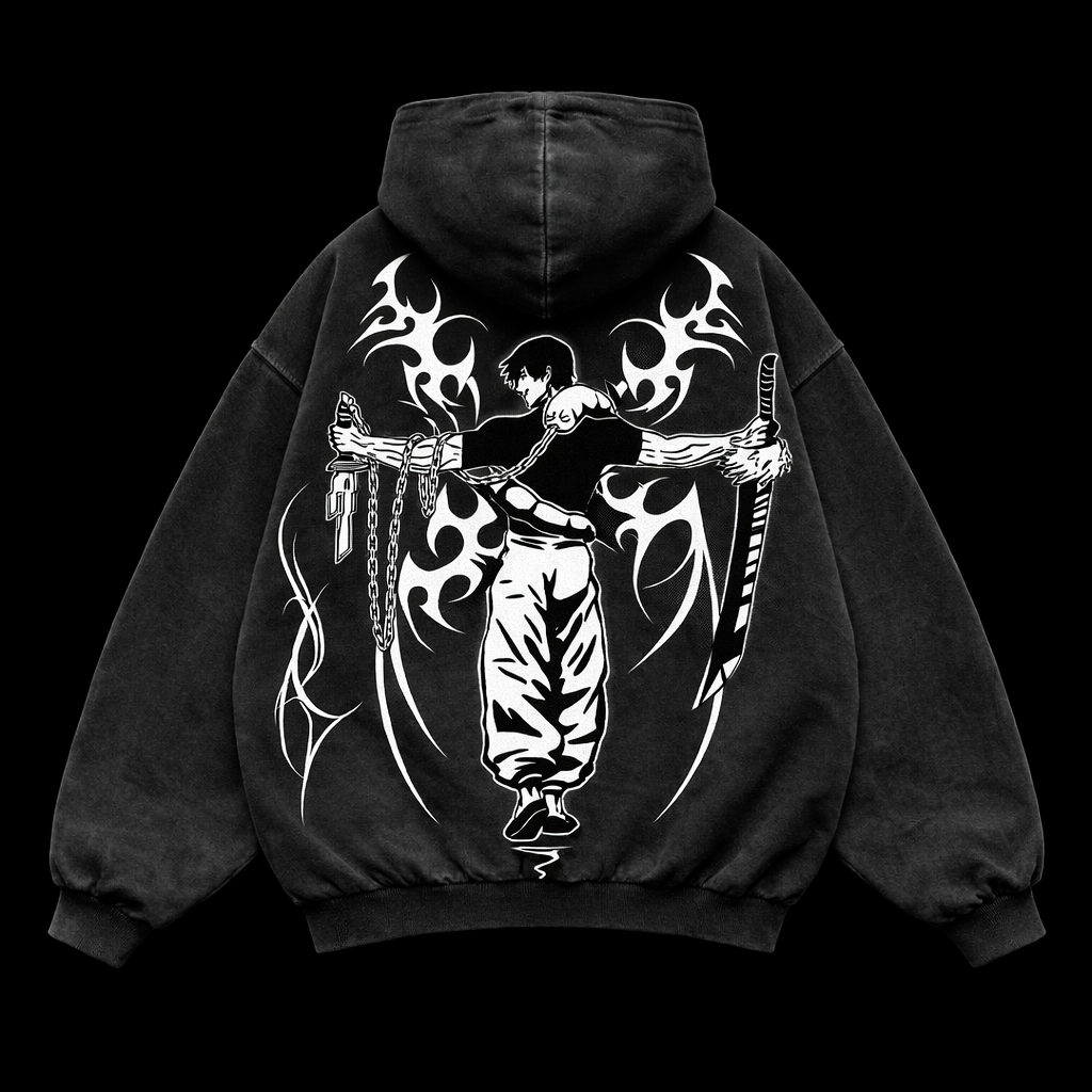 Black hoodie with white graphic design on the back against a black background