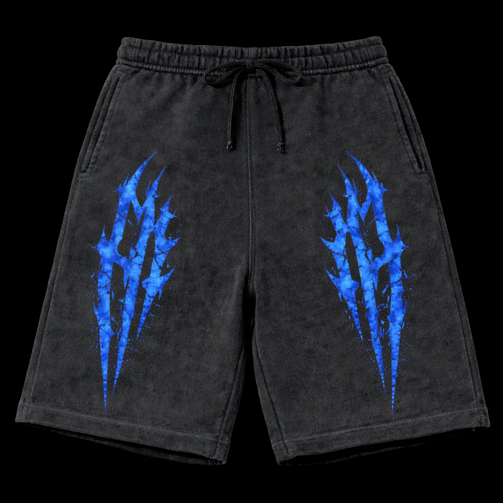 Black shorts with blue graphic designs on a white background