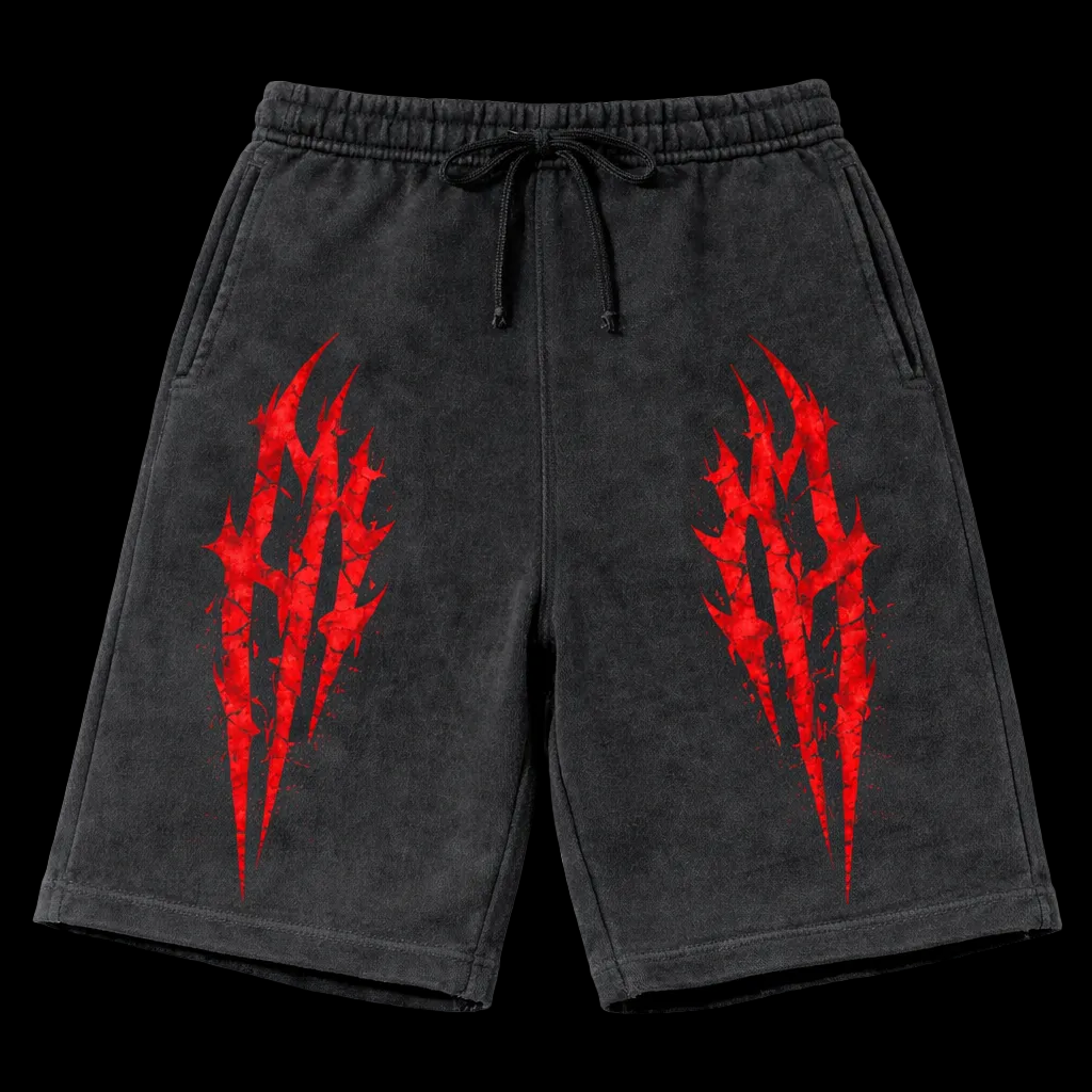 Black shorts with red claw marks on a white background