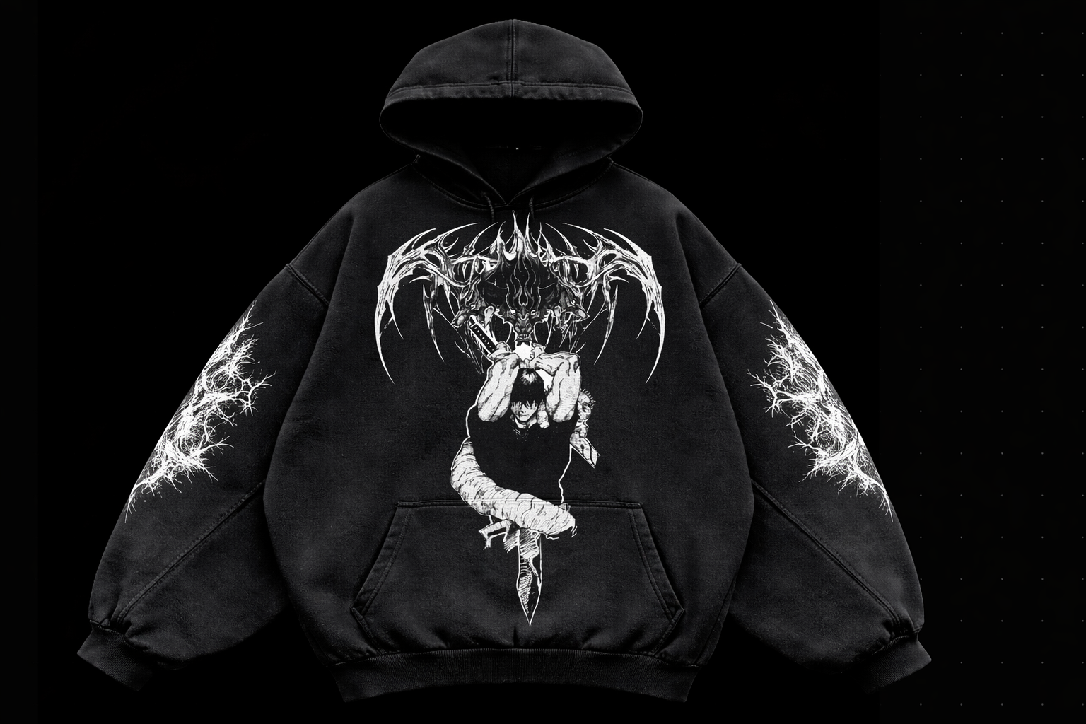 Black hoodie with white graphic design on a black background