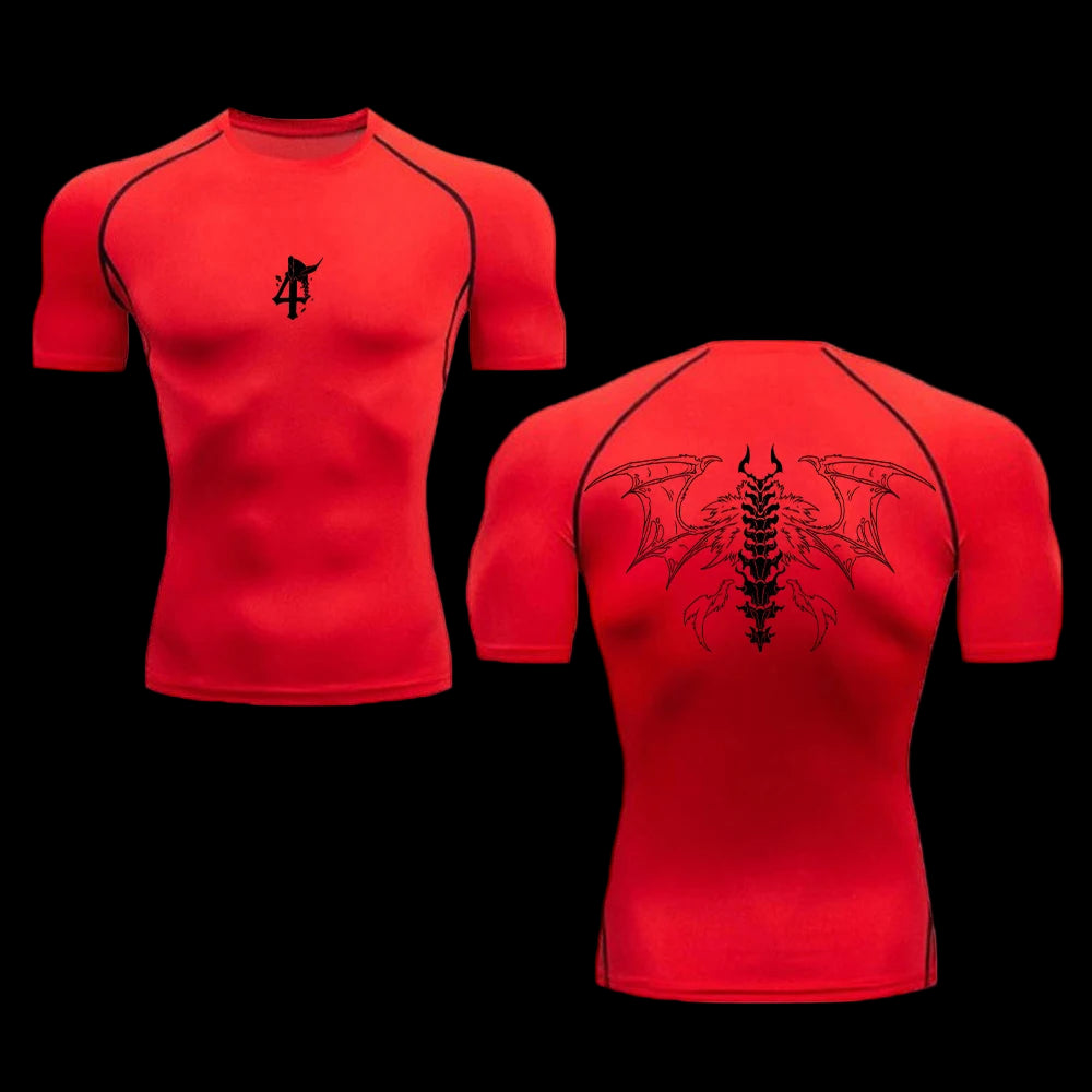 Red athletic shirt with black dragon design on a white background