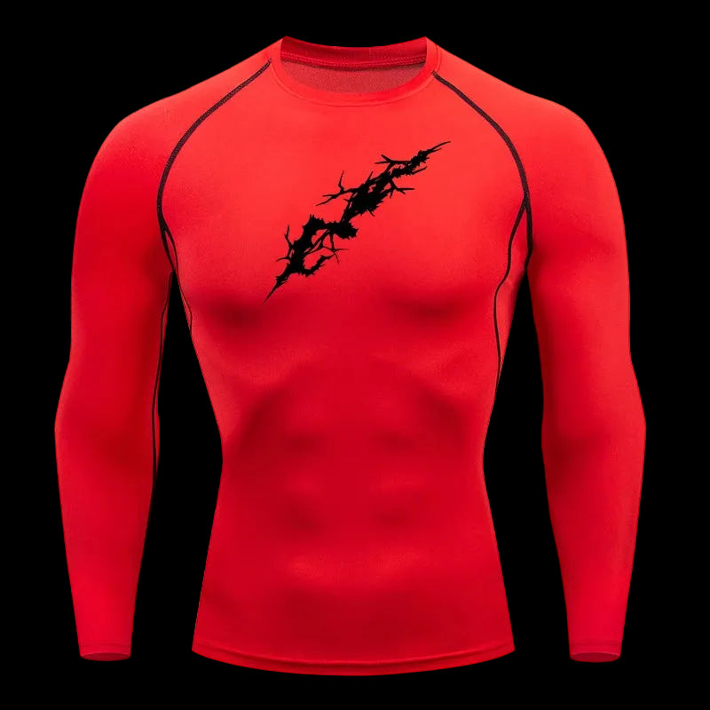 Red long-sleeve shirt with black graphic design on a white background