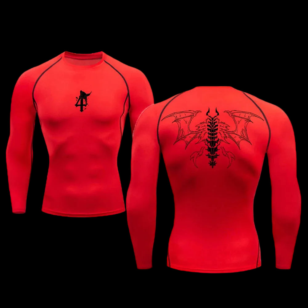 Red long-sleeve shirt with black dragon design on a white background