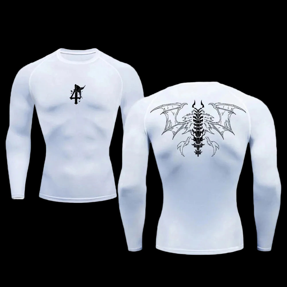 White long-sleeve shirt with black dragon design on a white background