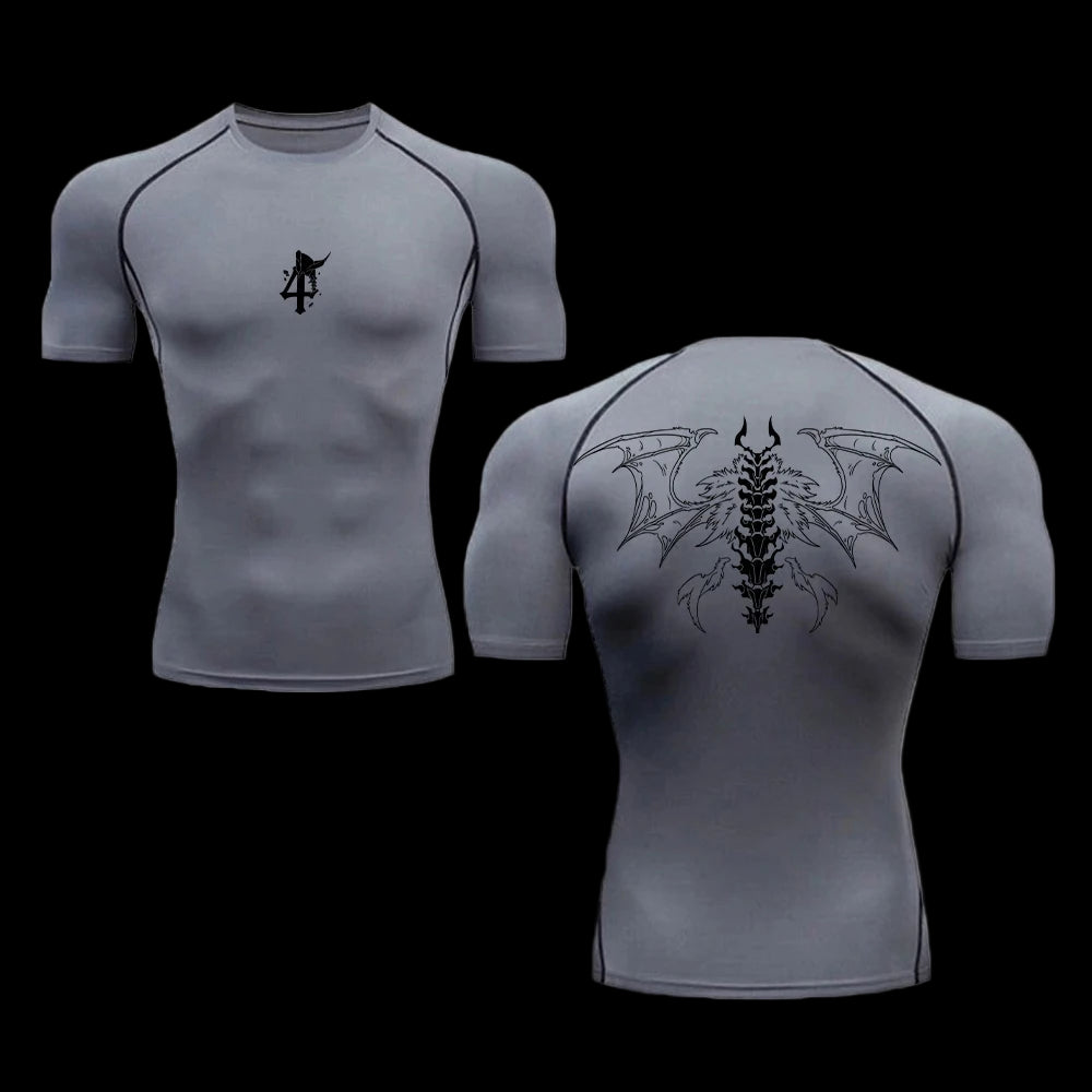 Gray athletic shirt with black designs on a white background