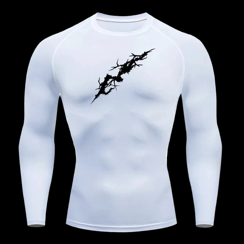 White long-sleeve shirt with black graphic design on a white background