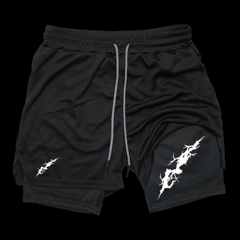 Black shorts with white designs on a white background