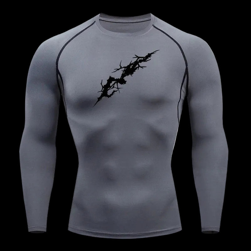 Gray long-sleeve athletic shirt with black graphic design on a white background