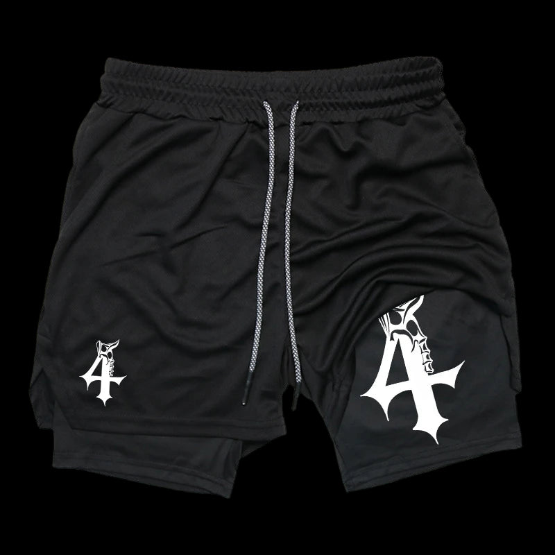 Black shorts with white logos on a white background