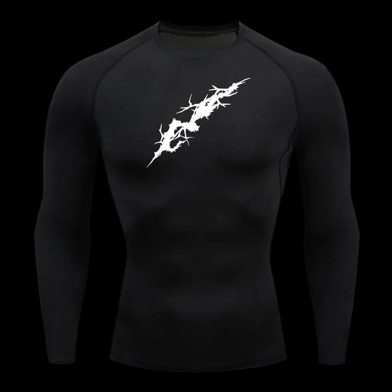 Black long-sleeve shirt with white graphic design on a white background