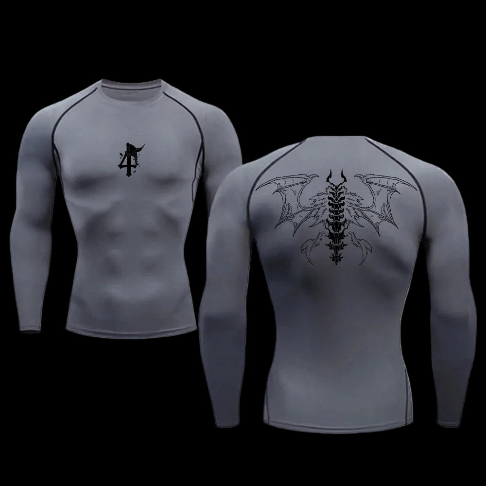 Gray long-sleeve shirt with black graphic design on a white background