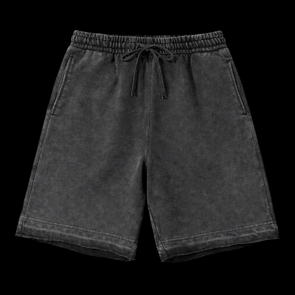 Black shorts with drawstring on a white background